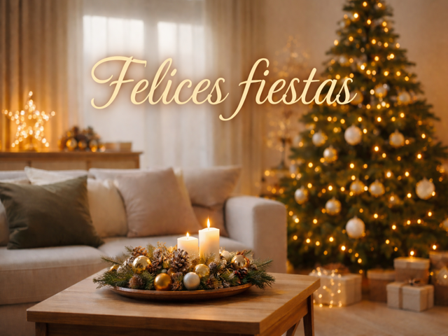 Feliz 2026 consultores inmobiliarios en un salón navideño acogedor